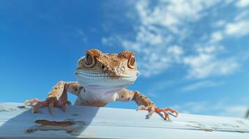 Foto av en gecko under blå himmel. generativ ai