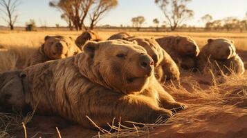 Foto av en besättning av wombat vilar i ett öppen område på de savann. generativ ai