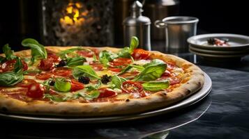 Foto av pizza som en maträtt i en high-end restaurang. generativ ai