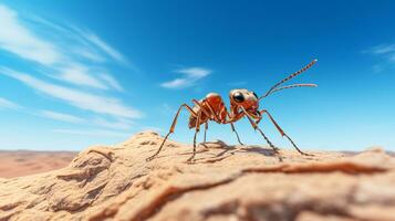 Foto av en sahara öken- myra i en öken- med blå himmel. generativ ai