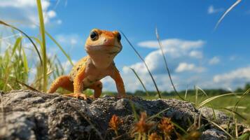 Foto av en newt under blå himmel. generativ ai