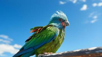 Foto av en quetzal under blå himmel. generativ ai