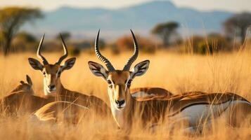 Foto av en besättning av antilop vilar i ett öppen område på de savann. generativ ai