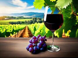 vin flaska och vindruvor på trä- tabell med vingård. ai generativ foto