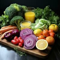 färsk frukt och grönsaker på en skärande styrelse foto