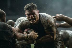 manlig rugby spelare tävlande på de rugby fält foto