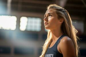 kvinna volleyboll spelare är tävlande på de inomhus- volleyboll domstol foto