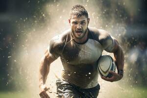 manlig rugby spelare tävlande på de rugby fält foto