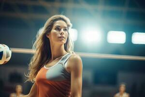 kvinna volleyboll spelare är tävlande på de inomhus- volleyboll domstol foto