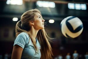 kvinna volleyboll spelare är tävlande på de inomhus- volleyboll domstol foto