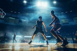 manlig basketboll spelare spelar basketboll i en fullt med folk inomhus- basketboll domstol foto