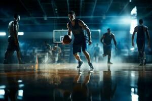 manlig basketboll spelare spelar basketboll i en fullt med folk inomhus- basketboll domstol foto