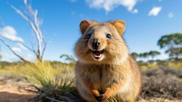 Foto av Quokka i ther skog med blå himmel. generativ ai