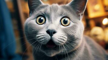 närbild Foto av en rolig chockade chartreux fastnar ut hans tunga. generativ ai