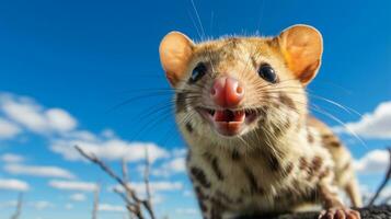 Foto av en quoll under blå himmel. generativ ai