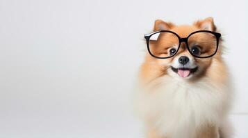 Foto av en pomeranian hund använder sig av glasögon isolerat på vit bakgrund. generativ ai