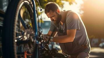 en man är fixering en cykel i de Sol ai generativ foto