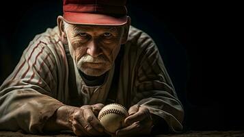 ett gammal man med en baseboll i hans hand ai generativ foto