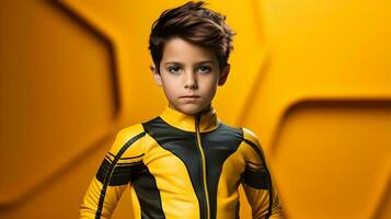 en liten pojke i en gul superhjälte kostym ai generativ foto