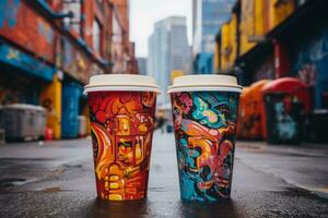 Barista eras hämtmat kaffe koppar mot graffiti fodrad stadsbild energigivande urban liv foto