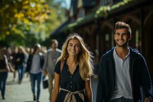 studenter promenader genom universitet campus hämtmat kaffe koppar bränslen deras studier foto