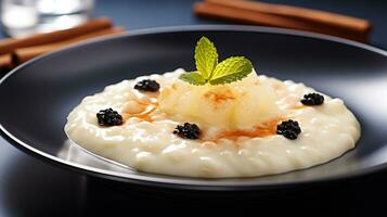Foto av ris pudding som en maträtt i en high-end restaurang. generativ ai