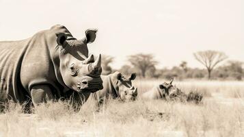 Foto av en besättning av noshörning vilar i ett öppen område på de savann. generativ ai