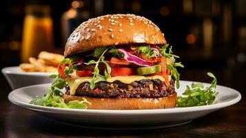 Foto av vegan burger som en maträtt i en high-end restaurang. generativ ai