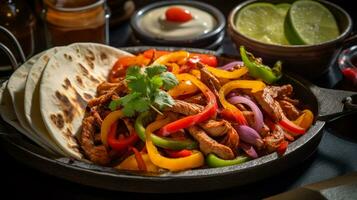 Foto av vegetabiliska fajitas som en maträtt i en high-end restaurang. generativ ai