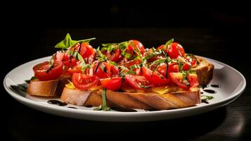 Foto av bruschetta med färsk tomater som en maträtt i en high-end restaurang. generativ ai
