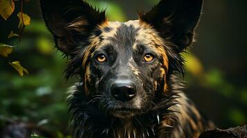 närbild Foto av en afrikansk vild hund ser några riktning på djungel. generativ ai