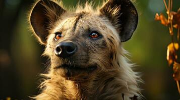 närbild Foto av en hyena ser några riktning på djungel. generativ ai
