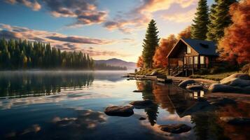 lugn sjön med naturskön landskap foto