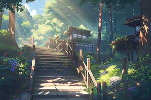 bild av magisk skog scen med frodig grönska med anime stil foto