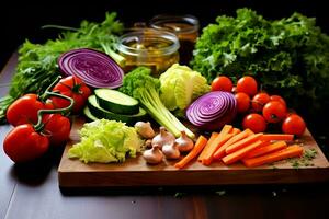 bild av olika vegetabiliska i de kök tabell foto
