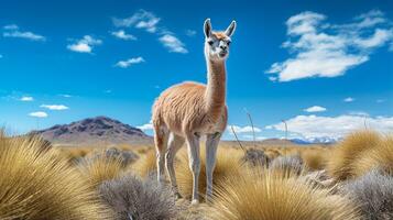 Foto av en vicuna under blå himmel. generativ ai