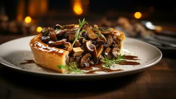 Foto av svamp och kastanj paj som en maträtt i en high-end restaurang. generativ ai