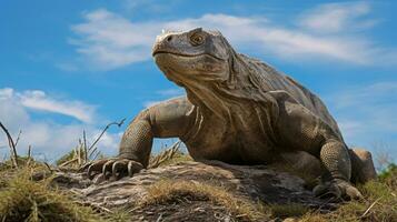 Foto av en komodo drake under blå himmel. generativ ai