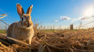 Foto av en kanin i de jordbruksmark. generativ ai