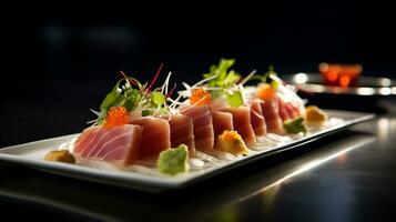 Foto av sashimi som en maträtt i en high-end restaurang. generativ ai