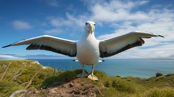 Foto av en albatross under blå himmel. generativ ai