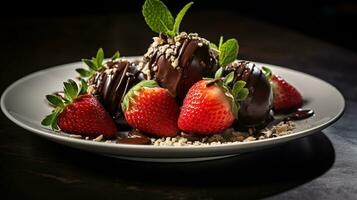 Foto av choklad täckt jordgubbar som en maträtt i en high-end restaurang. generativ ai