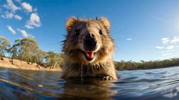 Foto av en Quokka under blå himmel. generativ ai