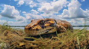 Foto av en anakonda under blå himmel. generativ ai