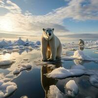 klimat förändra. en polär Björn står på en smältande glaciär foto