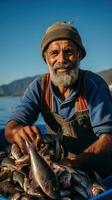 hållbar fiske. en fiskare innehar en netto med färsk foto