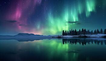 aurora borealis sjö snöig träd berg. skapas med generativ ai foto