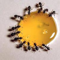 svart myror äter honung släppa. begrepp av lagarbete eller hårt arbetande eller enhet. ai genererad bild foto