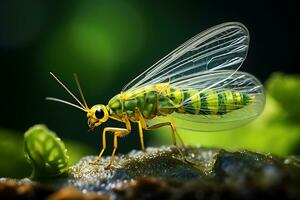 detaljerad närbild på en delikat transparent spetsar på topp av vibrerande blad. ai genererad foto