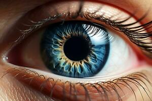 mänsklig öga med blå Färg i extrem stänga upp skott. ai genererad foto